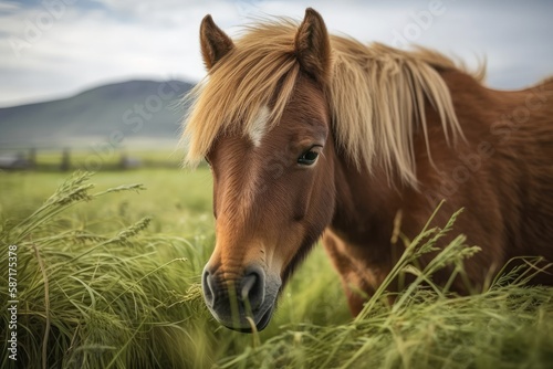 Icelandic Horse in a Field Eating Grass. Generative AI