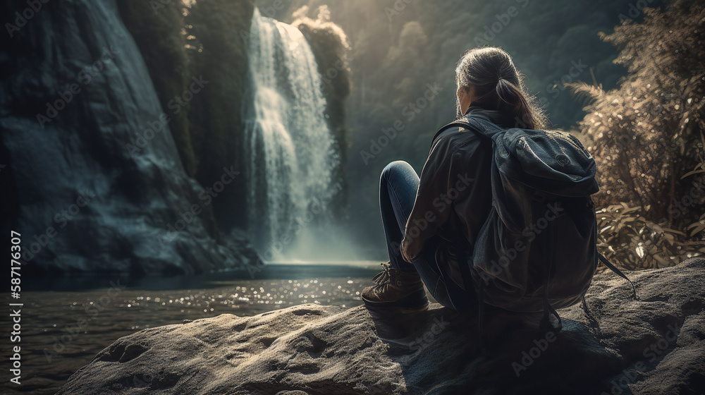 backpack nature concept, A woman with her back turned, sitting on a rock, with her backpack on her side, staring at the huge waterfall in front of her. natural atmosphere and sunlight