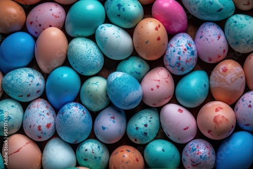 Easter egg background with bright colors. Background of several painted Easter eggs, top shot. Generative AI