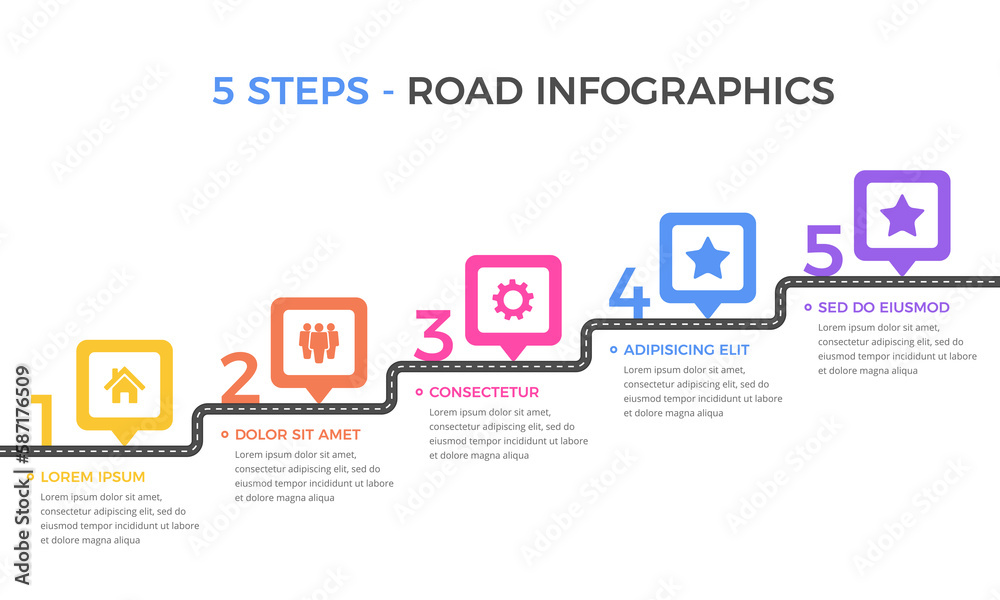 Road infographics template with five elements with place for your icons and text Road infographics template with five elements with place for your icons and text