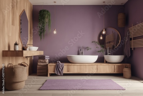 White and purple Japanese minimalist bathroom. Bathtub and washbasin. Farmhouse decor . Generative AI