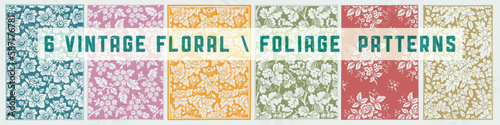 Vintage floral and foliage patterns set. Textile and fabric prints. Nature repeat patterns. Woodcut art.