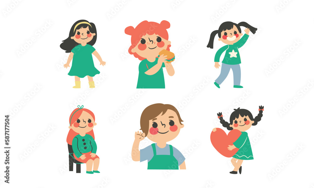 Vector illustration of a set of cute little girls in different poses.