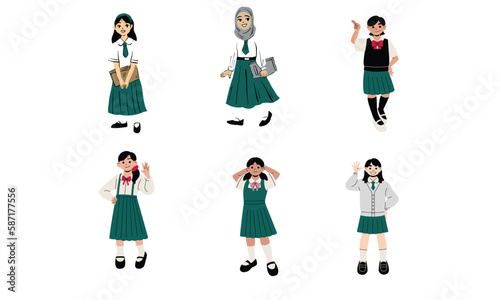 Set of different poses of a schoolgirl. Vector illustration on white background.