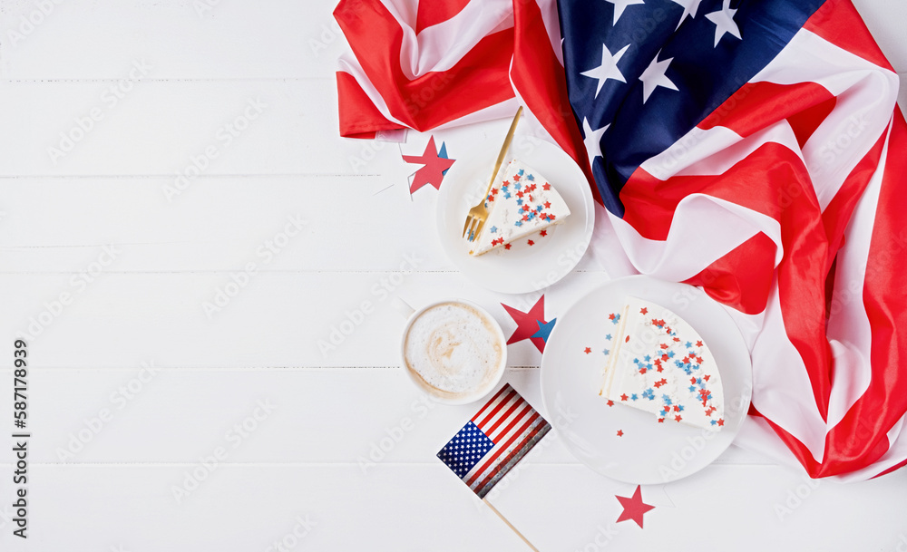 Obraz premium Sweet cake with usa flag colored sprinkles and stars , flag background