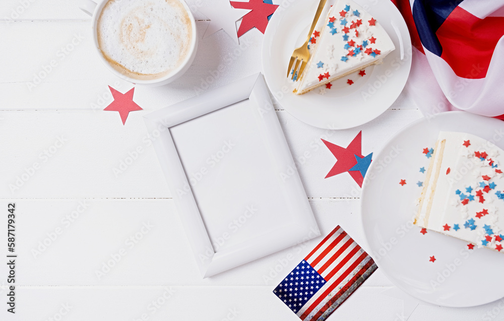 Fototapeta premium Sweet cake with usa flag colored sprinkles and stars and blank frame for mockup