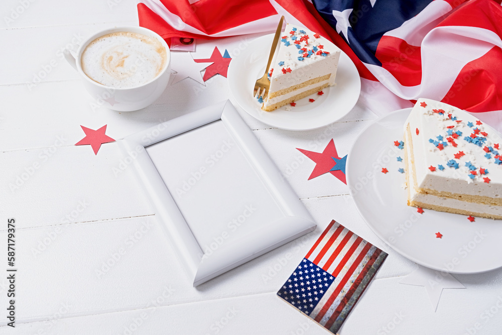 Obraz premium Sweet cake with usa flag colored sprinkles and stars and blank frame for mockup