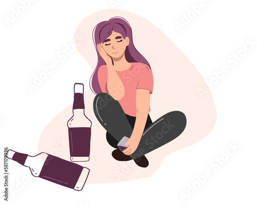 Women's alcoholism. Lonely beautiful young woman with alcoholic drinks drinks alone.
Alcohol addiction . Vector illustration