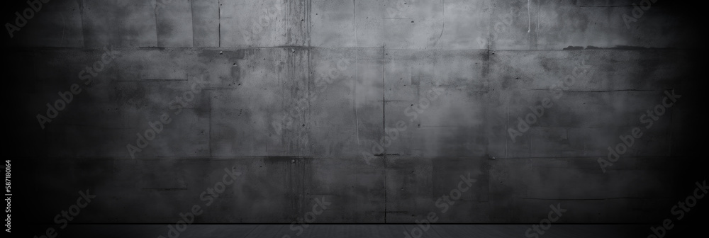 Dark and dim concrete wall and floor background. Grnugy dark concrete room. Wide format. Generative AI. Dark and dim concrete wall and floor background. Grnugy dark concrete room. Wide format. Generative AI.