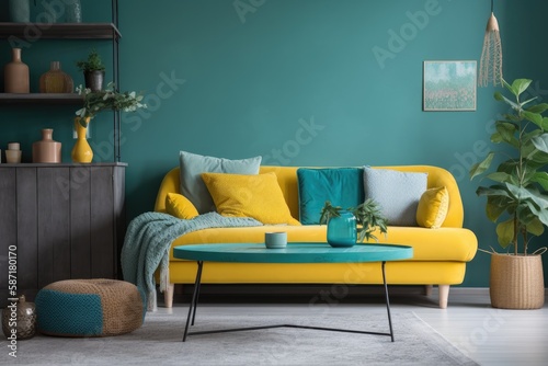 turquoise wall and living room. Grey sofa with yellow blanket and vase of flowers. Study table is on the back of sofa and decorative white lamp. empty area for carpet. Generative AI