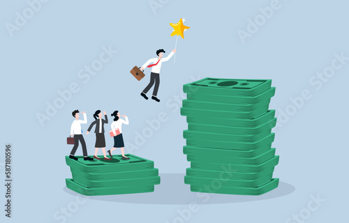 Job promotion, increase in salary to employee who consistently perfom well or produce high quality work, career reward concept, Businessman flying with star balloon to higher pile of banknote.