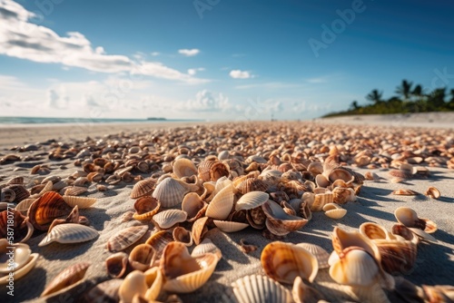 Shells on the sandy shore. Generative AI