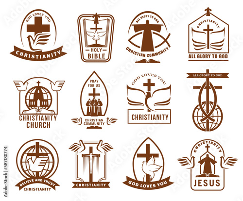 Christian community, church or mission icons set. Christianity religion emblems and sings with bible, white dove and cross, Jesus Christ silhouette, crucifix and globe, monks and ichthys symbol vector