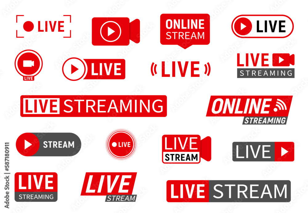 Live stream, online webinar or TV news broadcast vector icons of camera and recording button. Television live channel and streaming web video or online news play symbols, vlog or tube broadcast Live stream, online webinar or TV news broadcast vector icons of camera and recording button. Television live channel and streaming web video or online news play symbols, vlog or tube broadcast