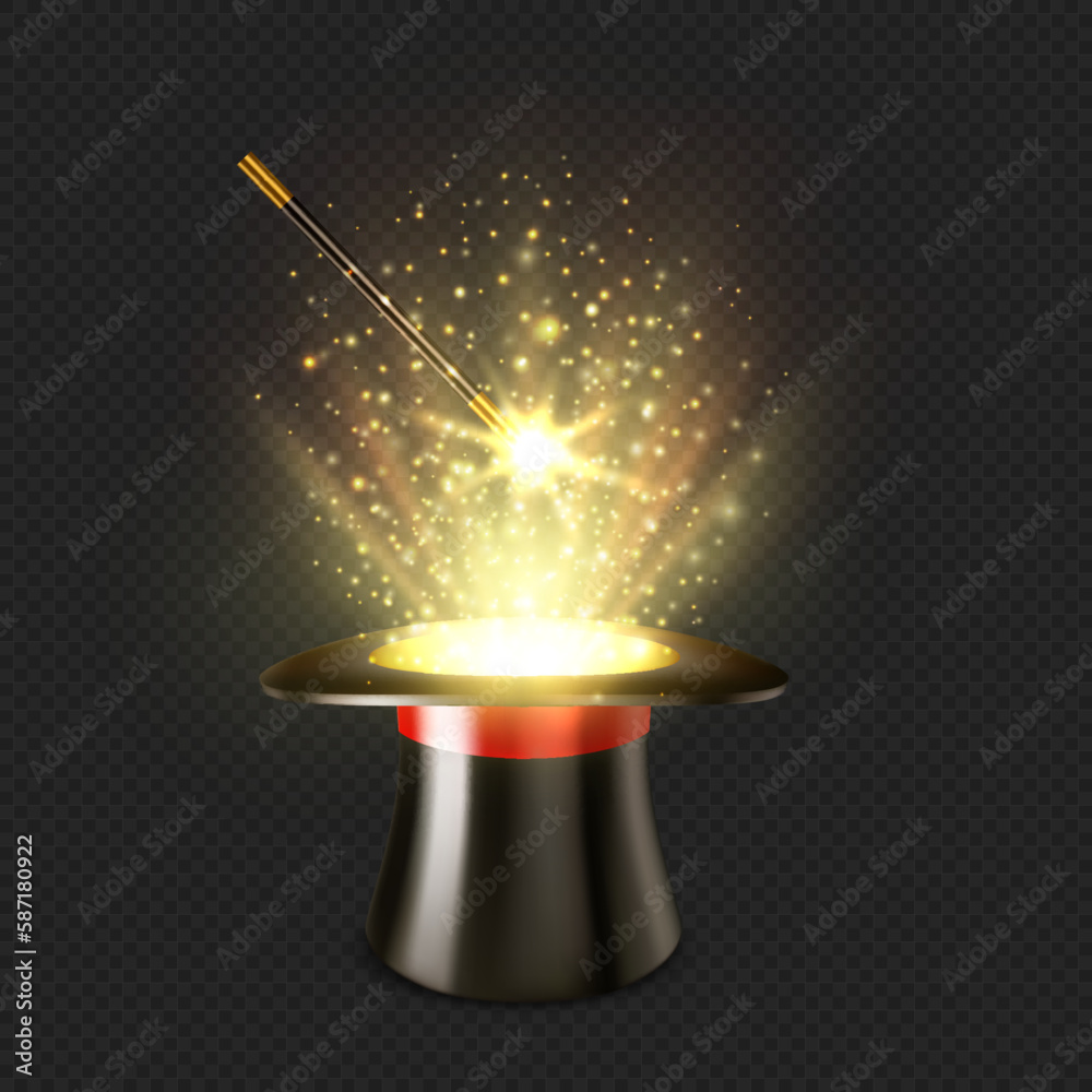 Realistic magician hat and magic wand on transparent background. Vector black top hat for circus trick show or 3d cylinder hat of fairy wizard with red ribbon and spell light effect of gold sparkles