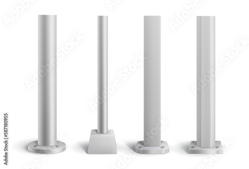 Isolated steel metal poles and pillars. Realistic vector pipes on stands, 3d elements of sign post, street billboard or construction columns, iron, silver or aluminum pole mockup