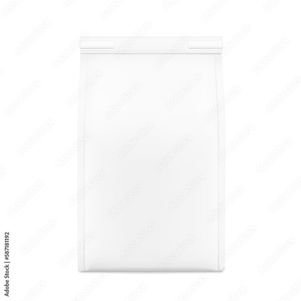 Realistic food bag with clip mockup. Vector illustration isolated on white background. Front view. Suite for the presentation of coffee, food, for pets, household, etc. EPS10. Realistic food bag with clip mockup. Vector illustration isolated on white background. Front view. Suite for the presentation of coffee, food, for pets, household, etc. EPS10.