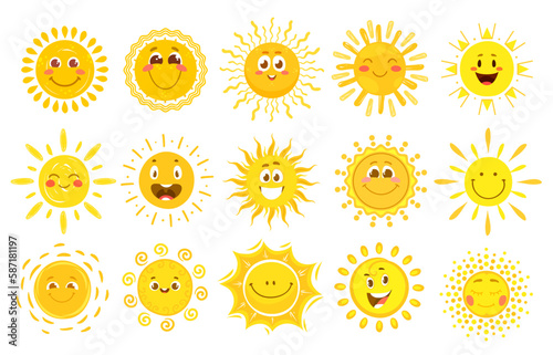 Sun smiles, sunshine cute characters, happy summer cartoon faces, vector icons. Spring sunny weather emoticons and sun emoji in yellow doodle sketch, funny morning sun joy emotion characters