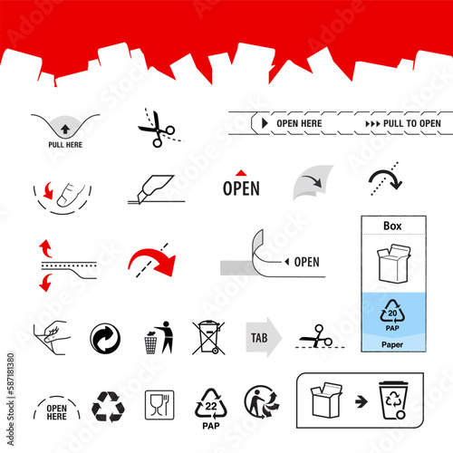 Box container icons set. Vector illustration isolated on white background. Set for packages, shows the place of opening. EPS10.