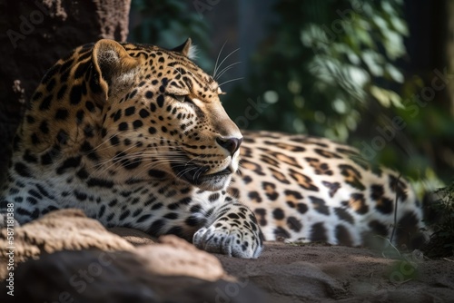 In the zoo  a languid leopard lies down. Generative AI