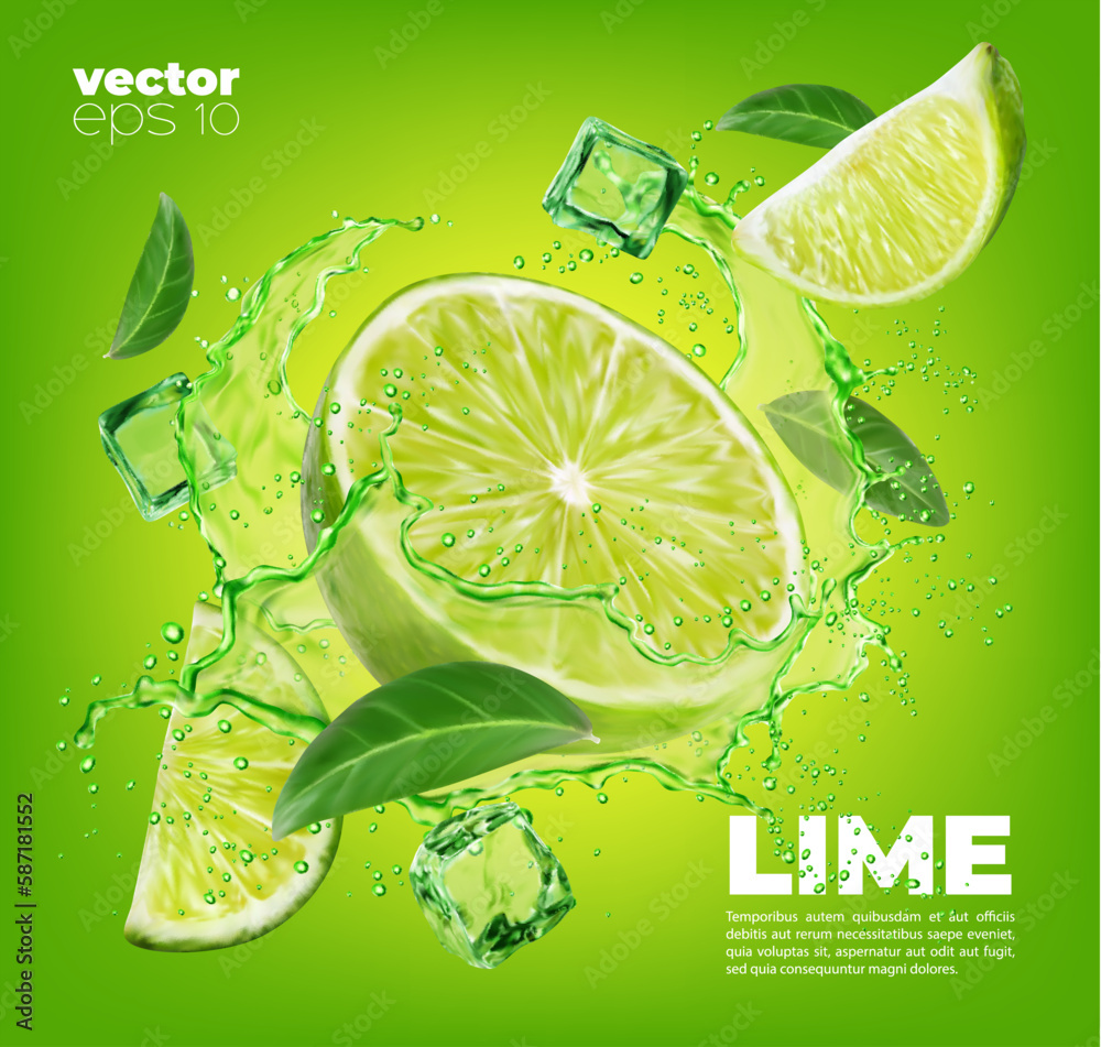 Lime fruit slice, leaves and green juice splash. Vector background with ...