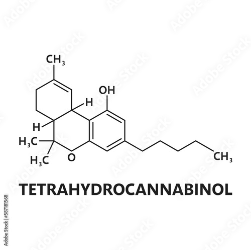 Tetrahydrocannabinol cannabinoid molecule. Cannabis psychoactive drug molecule education scheme, medical cannabinoid compound atomic composition or weed biochemical vector chemistry biomolecule model