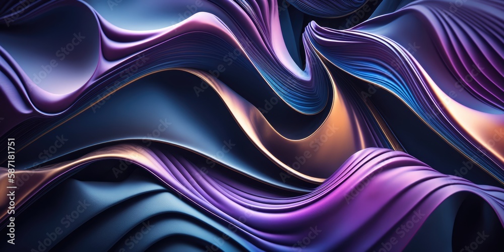 Obraz premium Abstract smooth waves and curves with metallic sheen of deep dark blue and amethyst purple colors, folding backdrop with a shallow depth of field bokeh blur - generative AI