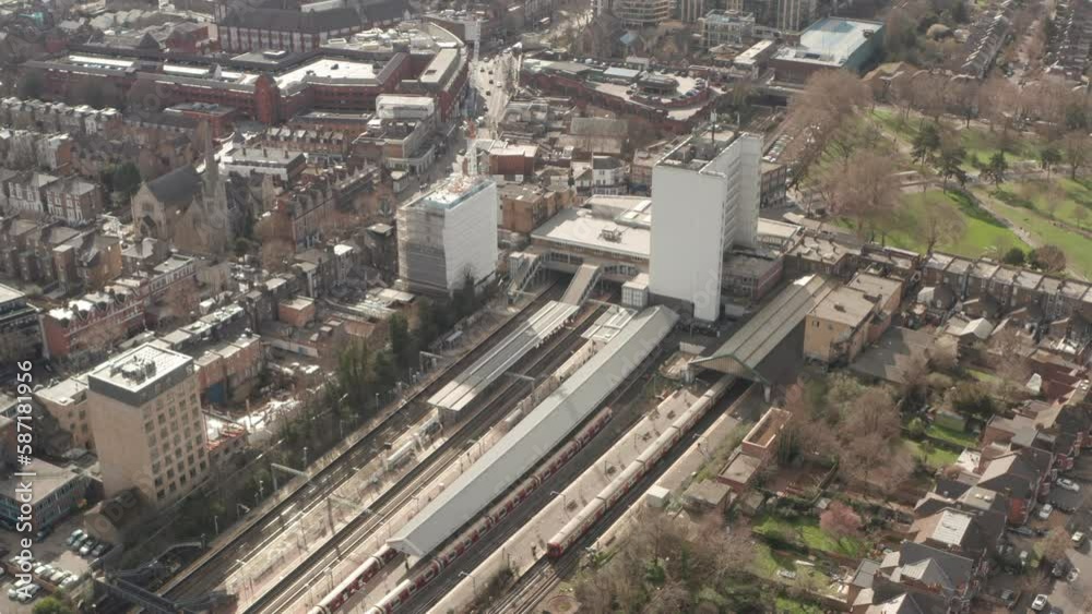 Aerial shot towards Ealing town centre over Ealing broadway train station Aerial shot towards Ealing town centre over Ealing broadway train station