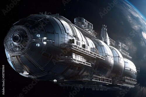 Wallpaper Mural Cargo carrier, cargo freight Spaceship. space station, starship, and space travel. futuristic illustration of intergalactic space travel. silver or chrome spacecraft in a dark galaxy. Generative AI Torontodigital.ca