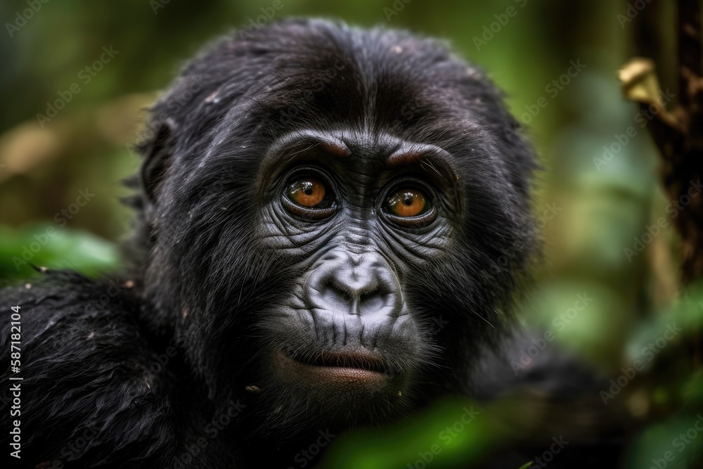Baby mountain gorilla (Gorilla beringei beringei) portrait taken in Uganda's Bwindi Impenetrable Forest National Park. Generative AI Baby mountain gorilla (Gorilla beringei beringei) portrait taken in Uganda's Bwindi Impenetrable Forest National Park. Generative AI