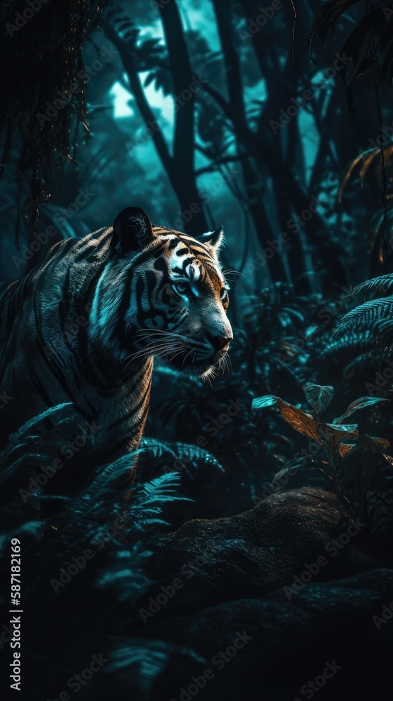 Midnight in the Jungle: A Dark and Mysterious Scene with a Wild majestic tiger. Gen AI