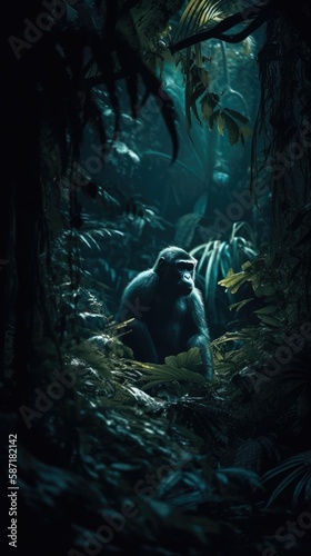 Midnight in the Jungle: A Dark and Mysterious Scene with a Wild Chimpanzee. Gen AI