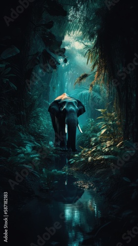 Midnight in the Jungle: A Dark and Mysterious Scene with a Wild Elephant. Gen AI