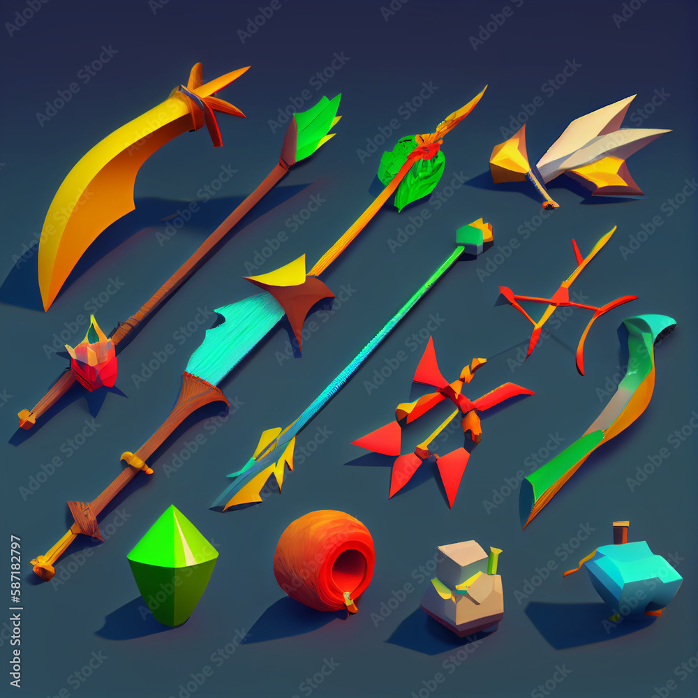 Different game assets of bow, Generative AI