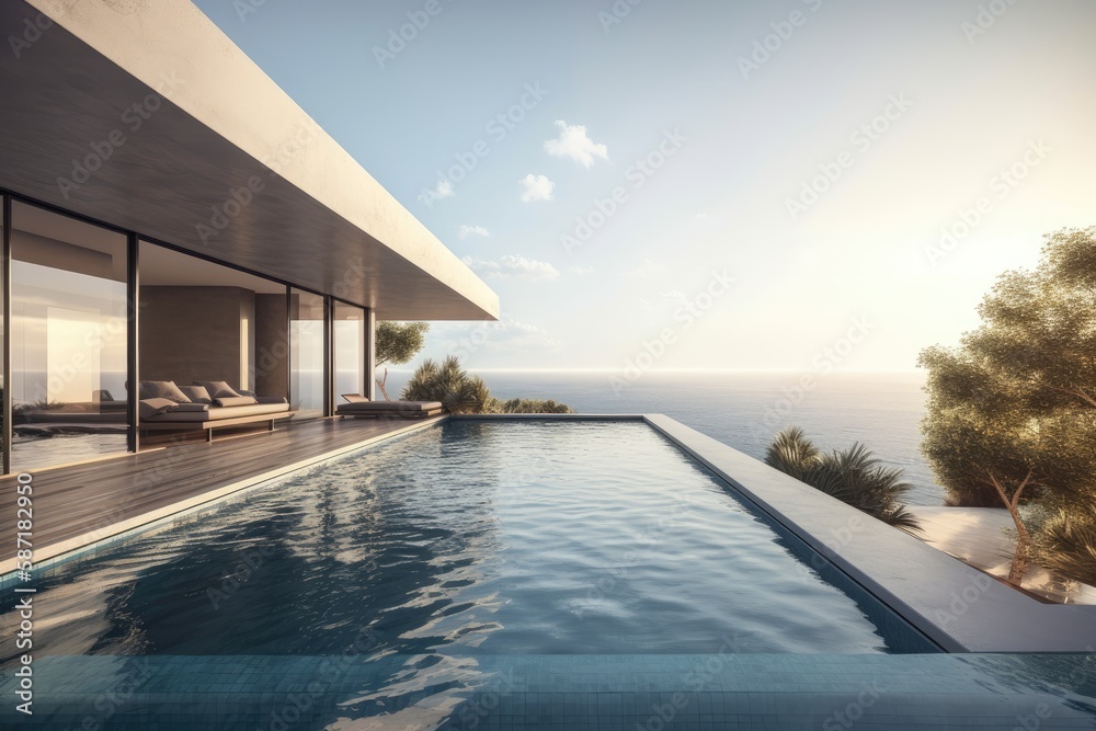 luxurious beach resort with a stunning infinity pool overlooking the ocean. Generative AI