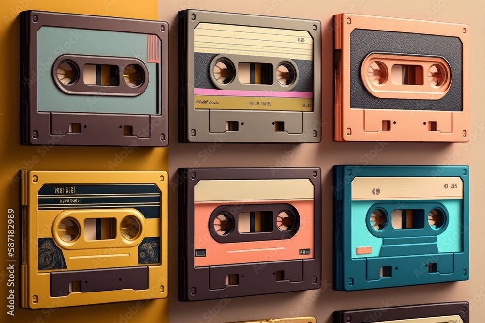 Fototapeta premium Vintage audio cassettes on a yellow background. Generative AI illustration.