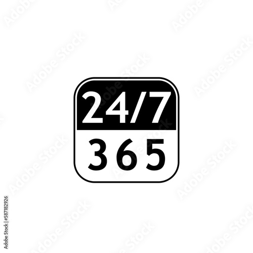24 7 hours and 365 days icon. Any time working service or support symbol isolated on white background
