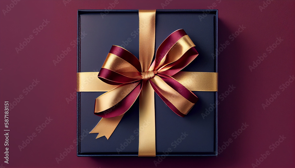 dark blue gift box with gold ribbon bow on dark purple background, Generative AI dark blue gift box with gold ribbon bow on dark purple background, Generative AI