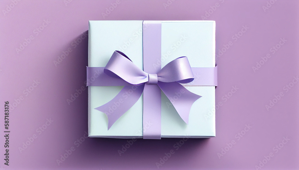 White gift box with light purple ribbon on purple background, Generative AI White gift box with light purple ribbon on purple background, Generative AI