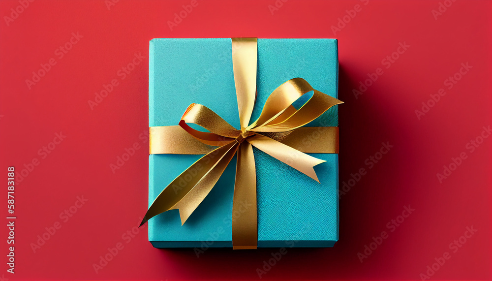 Blue gift box with gold ribbon bow on red background, Generative AI Blue gift box with gold ribbon bow on red background, Generative AI