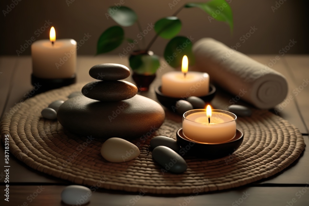 Spa massage concept. Ai. Stones with candles on bamboo mat Spa massage concept. Ai. Stones with candles on bamboo mat