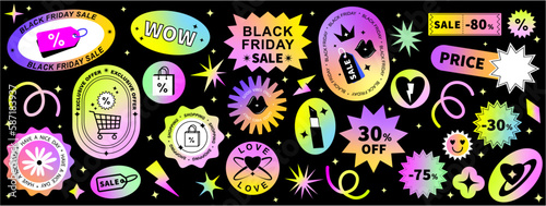 Set of cool trendy sale stickers for business. Geometric elements for a store sale, online promotion or social media posts. Gradient stickers with quotes. Brutalism aesthetic.