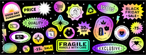 Set of cool trendy sale stickers for business. Geometric elements for a store sale, online promotion or social media posts. Gradient stickers with quotes. Brutalism aesthetic.