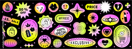 Set of cool trendy sale stickers for business. Geometric elements for a store sale, online promotion or social media posts. Gradient stickers with quotes. Brutalism aesthetic.