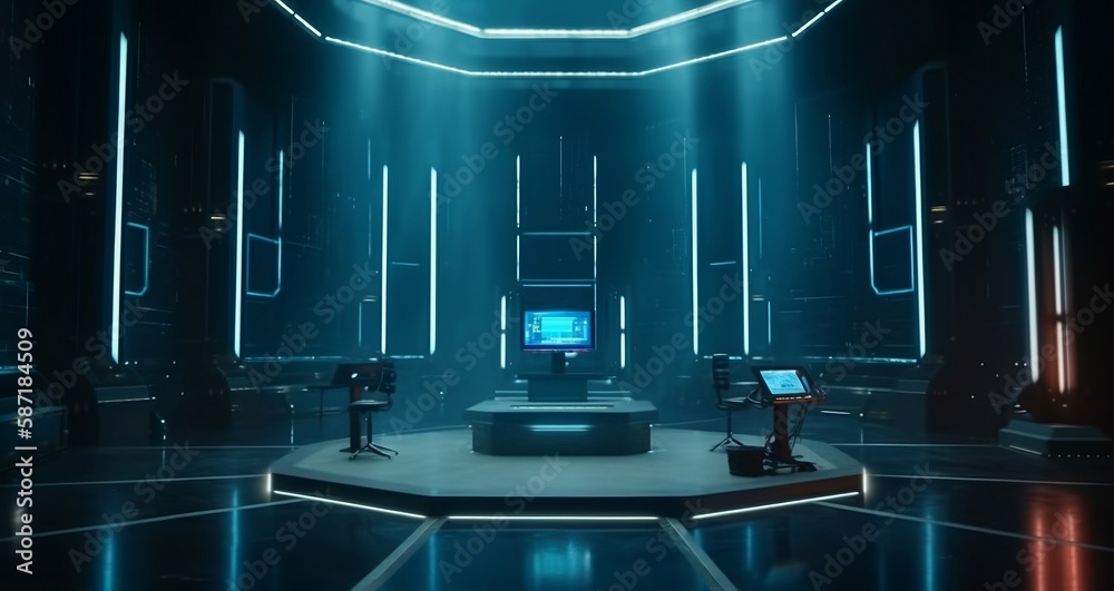 abstract sci fi futuristic hallway dark room in space station with ...