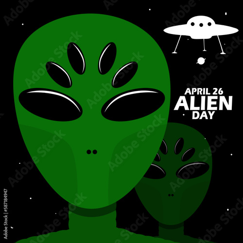 Alien creatures and UFO ship with stars and bold text on black background to commemorate Alien Day on April 26