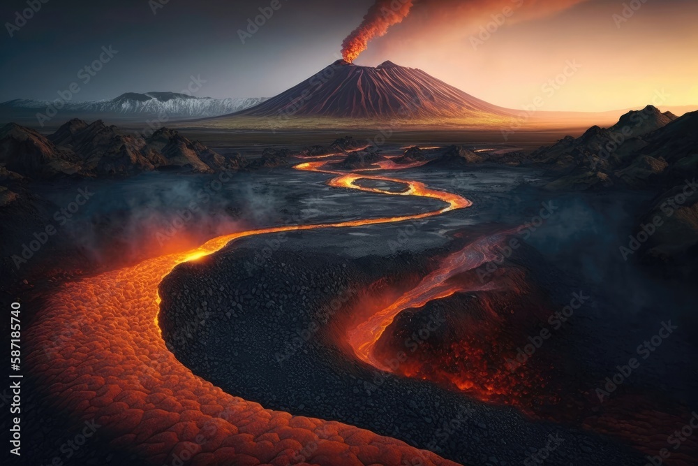 A Land Of Fire And Lava With Volcanic Mountains. Generative AI