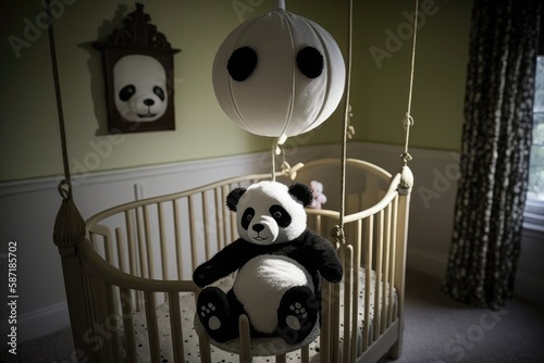 A Crib With A Panda Bear Mobile. Generative AI