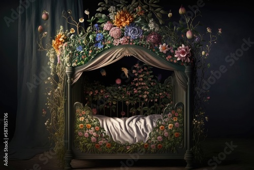 A Crib With A Floral Canopy. Generative AI