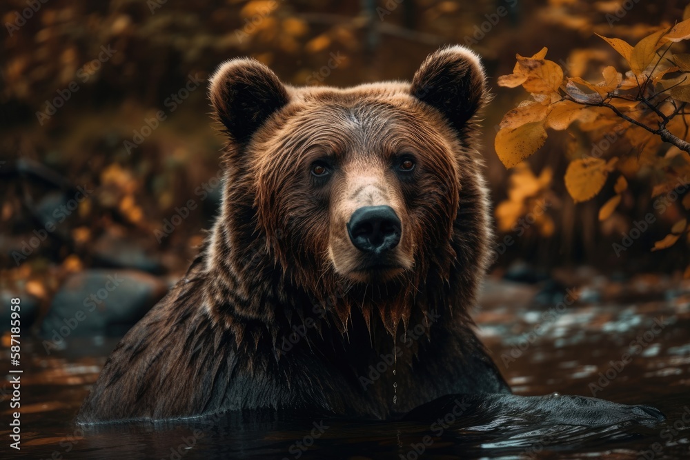 Brown Bear in the fall high caliber. Generative AI Brown Bear in the fall high caliber. Generative AI